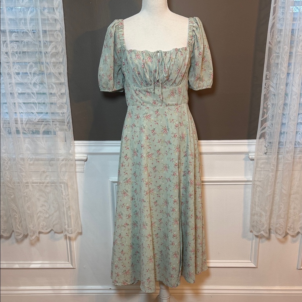 Windsor Cottagecore Floral Midi Dress Green Pink Puff Sleeve S